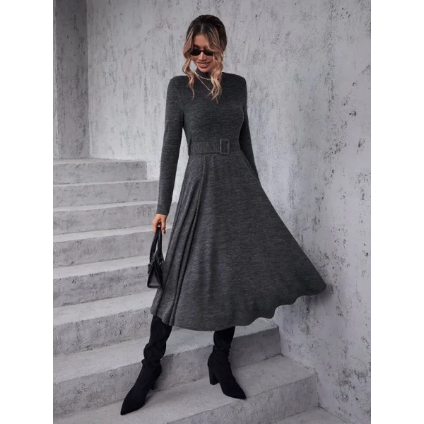 Kadın Uzun Kollu Balıkçı Yaka Kemer Detaylı Yumoş Midi Elbise