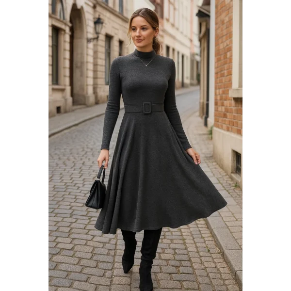 Kadın Uzun Kollu Balıkçı Yaka Kemer Detaylı Yumoş Midi Elbise