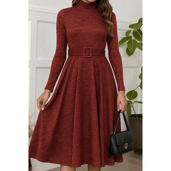 Kadın Uzun Kollu Balıkçı Yaka Kemer Detaylı Yumoş Midi Elbise
