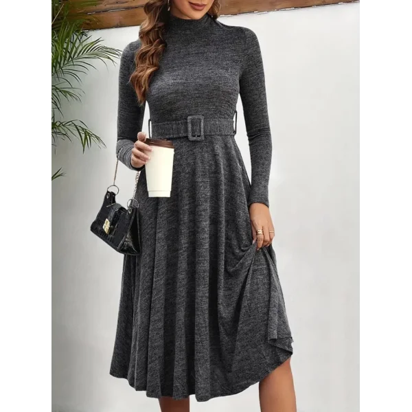 Kadın Uzun Kollu Balıkçı Yaka Kemer Detaylı Yumoş Midi Elbise