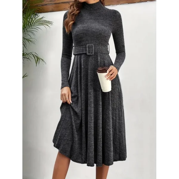 Kadın Uzun Kollu Balıkçı Yaka Kemer Detaylı Yumoş Midi Elbise