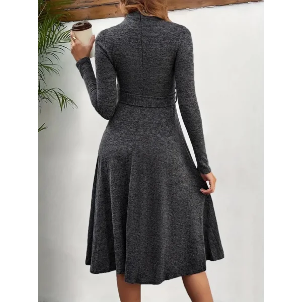 Kadın Uzun Kollu Balıkçı Yaka Kemer Detaylı Yumoş Midi Elbise