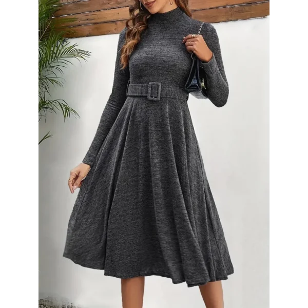 Kadın Uzun Kollu Balıkçı Yaka Kemer Detaylı Yumoş Midi Elbise