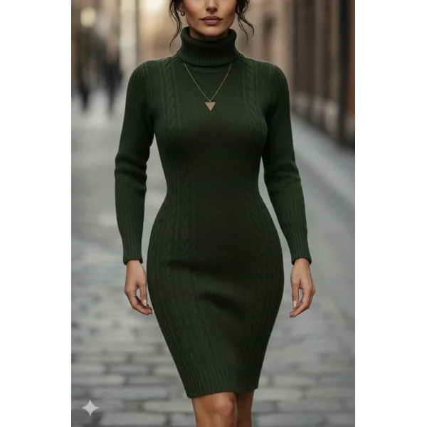 Kadın Uzun Kollu Balıkçı Yaka Kısa Triko Elbise