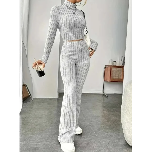 Kadın Uzun Kollu Balıkçı Yaka Krop Ve Pantolon şardonlu Kaşkorse Ikili Takım