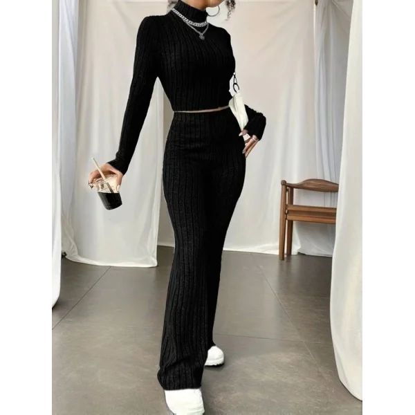 Kadın Uzun Kollu Balıkçı Yaka Krop Ve Pantolon şardonlu Kaşkorse Ikili Takım