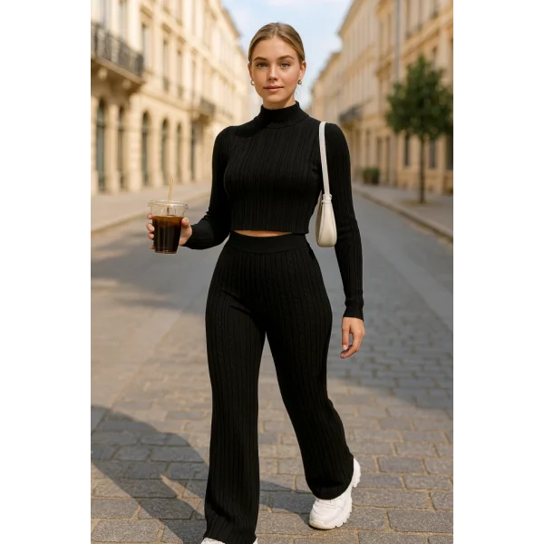 Kadın Uzun Kollu Balıkçı Yaka Krop Ve Pantolon şardonlu Kaşkorse Ikili Takım