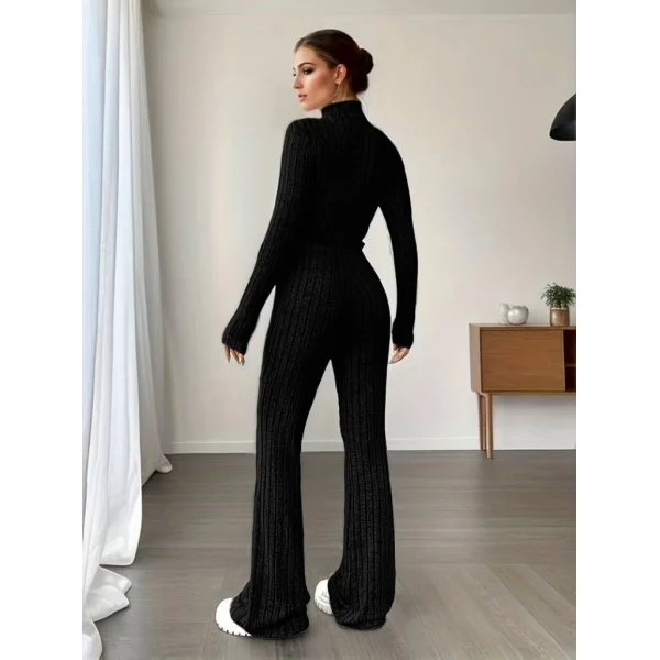 Kadın Uzun Kollu Balıkçı Yaka Krop Ve Pantolon şardonlu Kaşkorse Ikili Takım