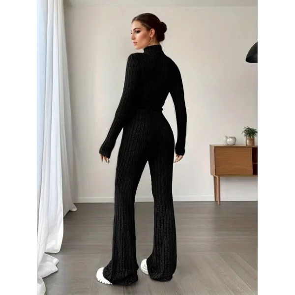 Kadın Uzun Kollu Balıkçı Yaka Krop Ve Pantolon şardonlu Kaşkorse Ikili Takım