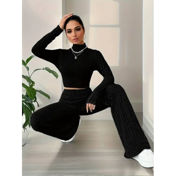 Kadın Uzun Kollu Balıkçı Yaka Krop Ve Pantolon şardonlu Kaşkorse Ikili Takım