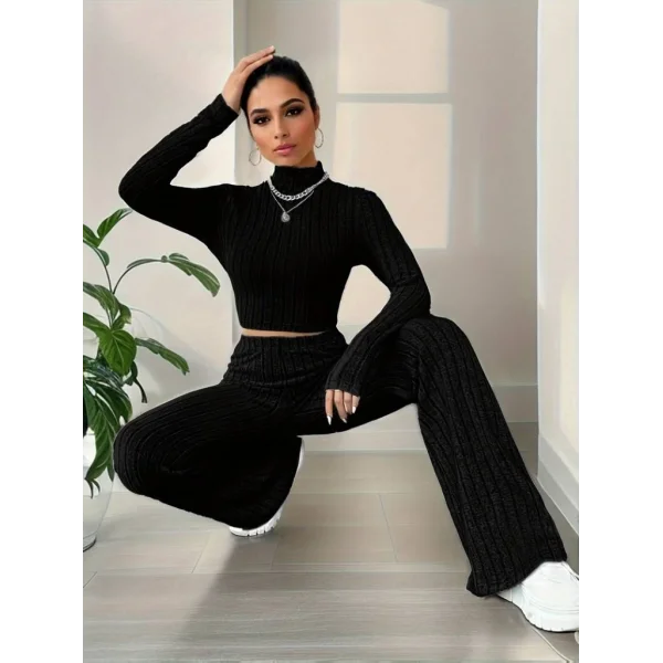 Kadın Uzun Kollu Balıkçı Yaka Krop Ve Pantolon şardonlu Kaşkorse Ikili Takım