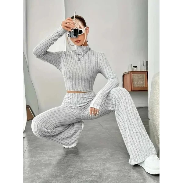 Kadın Uzun Kollu Balıkçı Yaka Krop Ve Pantolon şardonlu Kaşkorse Ikili Takım