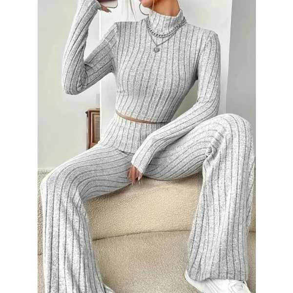 Kadın Uzun Kollu Balıkçı Yaka Krop Ve Pantolon şardonlu Kaşkorse Ikili Takım