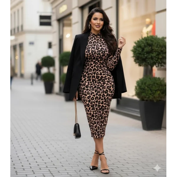 Kadın Uzun Kollu Balıkçı Yaka Leopar Desenli Midi Boy Elbise