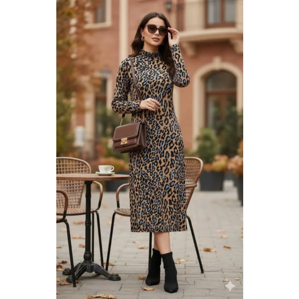 Kadın Uzun Kollu Balıkçı Yaka Leopar Desenli Midi Boy Elbise