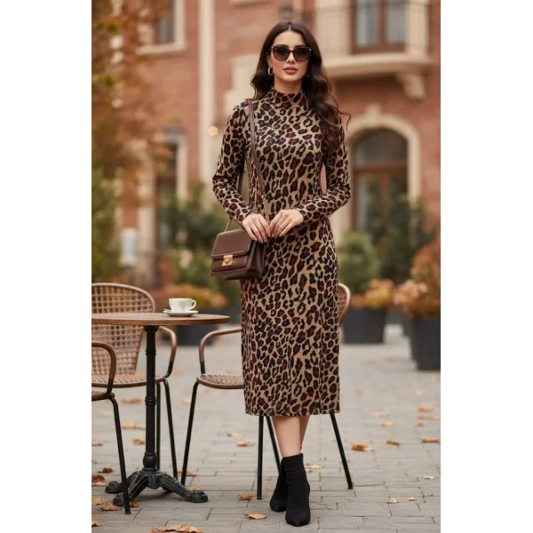 Kadın Uzun Kollu Balıkçı Yaka Leopar Desenli Midi Boy Elbise