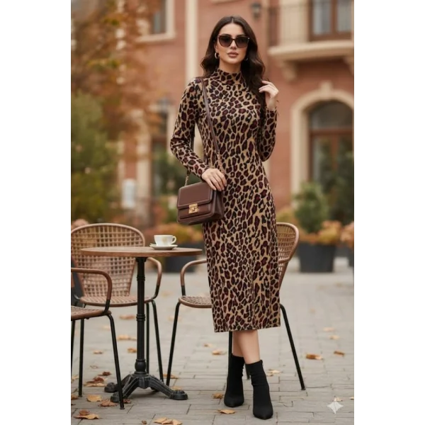 Kadın Uzun Kollu Balıkçı Yaka Leopar Desenli Midi Boy Elbise