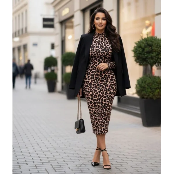 Kadın Uzun Kollu Balıkçı Yaka Leopar Desenli Midi Boy Elbise