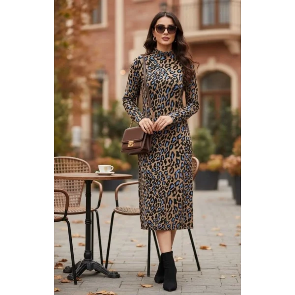 Kadın Uzun Kollu Balıkçı Yaka Leopar Desenli Midi Boy Elbise