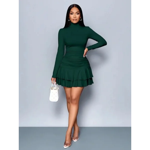 Kadın Uzun Kollu Balıkçı Yaka Mini Fırfırlı Sandy Elbise