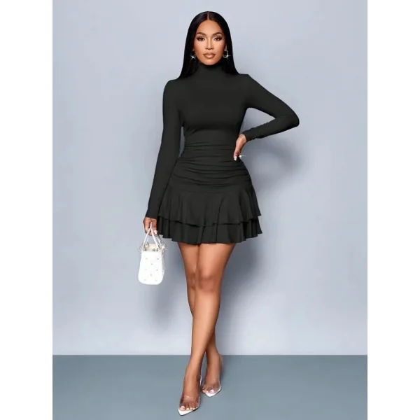 Kadın Uzun Kollu Balıkçı Yaka Mini Fırfırlı Sandy Elbise