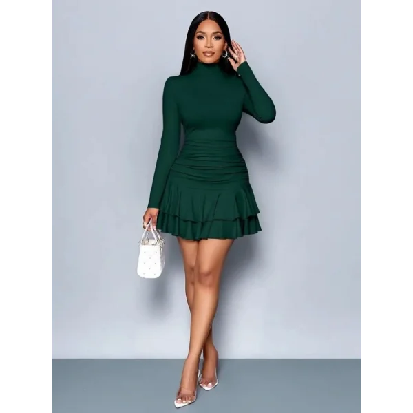 Kadın Uzun Kollu Balıkçı Yaka Mini Fırfırlı Sandy Elbise