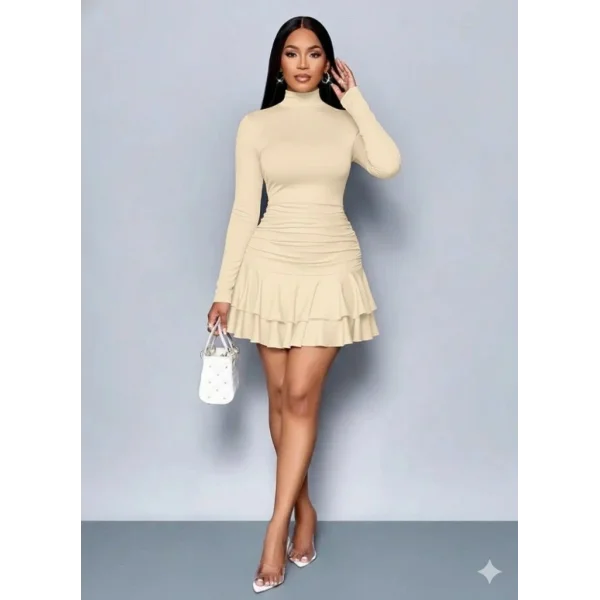 Kadın Uzun Kollu Balıkçı Yaka Mini Fırfırlı Sandy Elbise