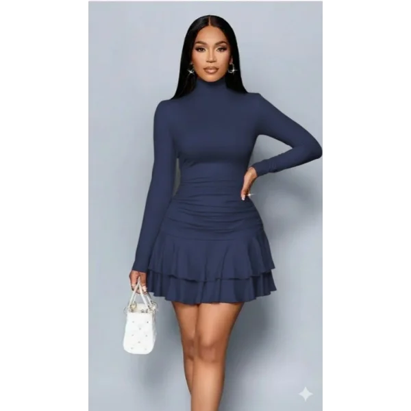 Kadın Uzun Kollu Balıkçı Yaka Mini Fırfırlı Sandy Elbise