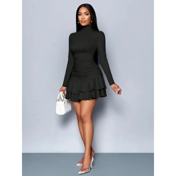 Kadın Uzun Kollu Balıkçı Yaka Mini Fırfırlı Sandy Elbise