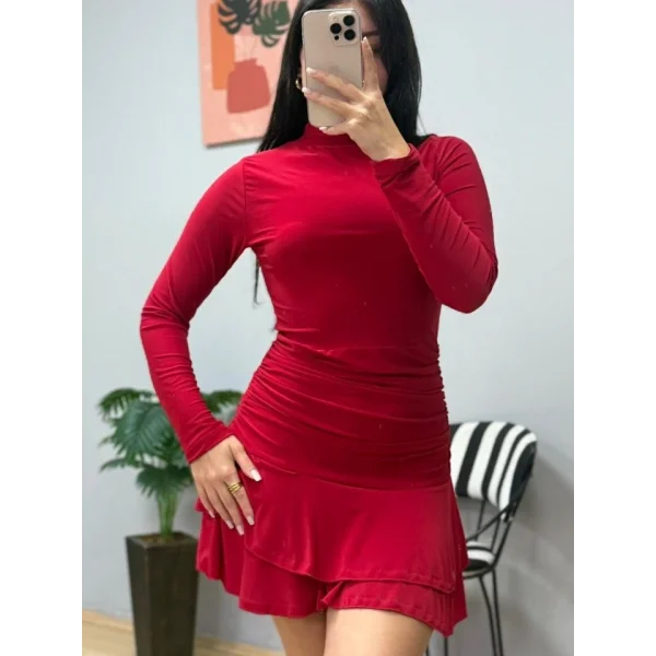 Kadın Uzun Kollu Balıkçı Yaka Mini Fırfırlı Sandy Elbise