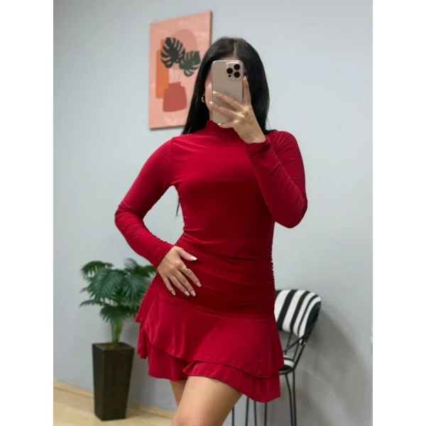 Kadın Uzun Kollu Balıkçı Yaka Mini Fırfırlı Sandy Elbise