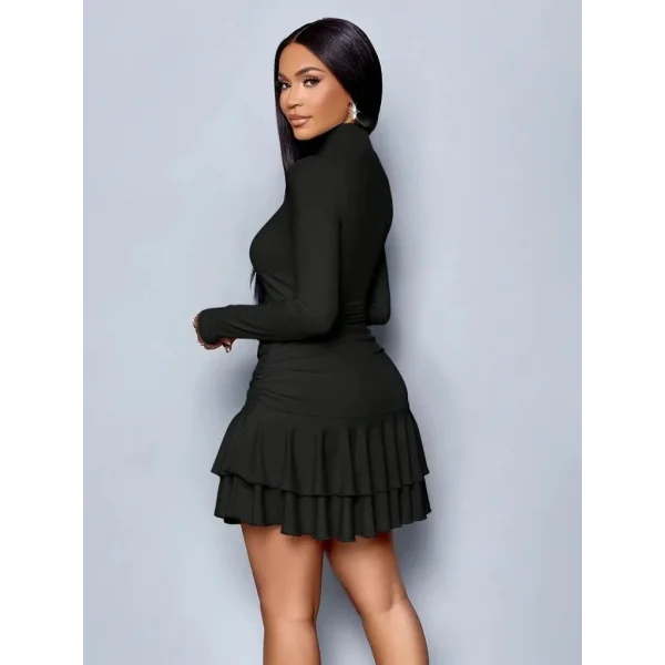 Kadın Uzun Kollu Balıkçı Yaka Mini Fırfırlı Sandy Elbise