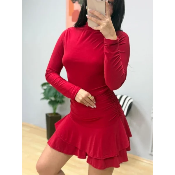 Kadın Uzun Kollu Balıkçı Yaka Mini Fırfırlı Sandy Elbise