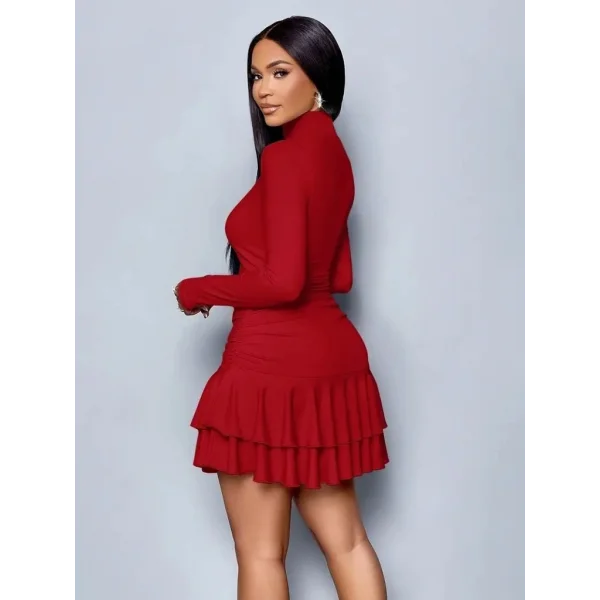 Kadın Uzun Kollu Balıkçı Yaka Mini Fırfırlı Sandy Elbise