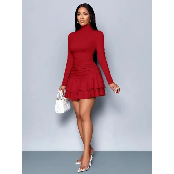 Kadın Uzun Kollu Balıkçı Yaka Mini Fırfırlı Sandy Elbise