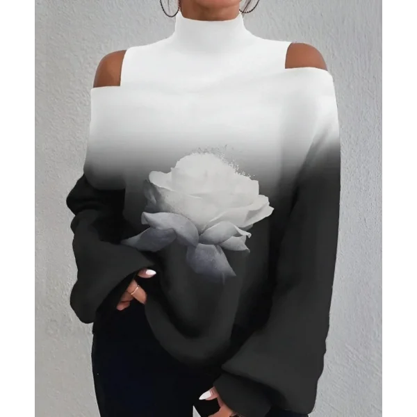 Kadın Uzun Kollu Balıkçı Yaka Omuz Pencereli Gül Dijital Baskılı şardonlu Dalgıç Salaş Bluz