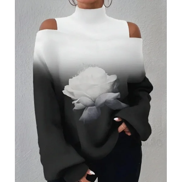 Kadın Uzun Kollu Balıkçı Yaka Omuz Pencereli Gül Dijital Baskılı şardonlu Dalgıç Salaş Bluz