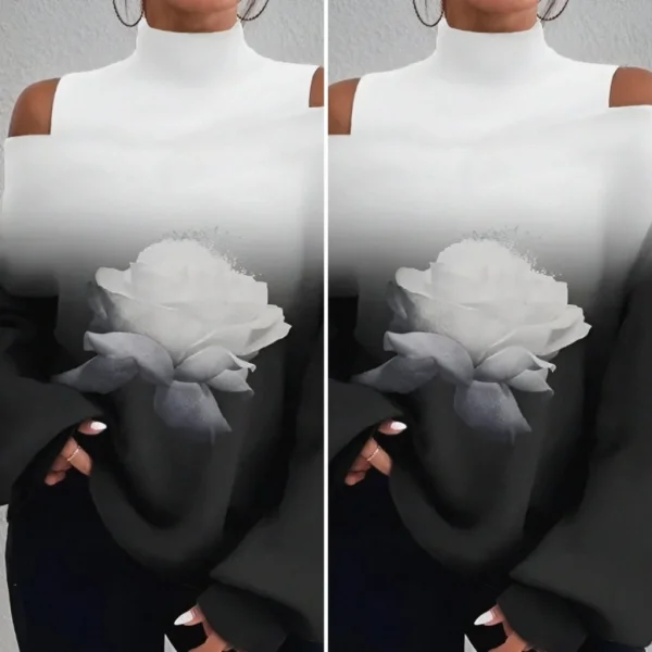 Kadın Uzun Kollu Balıkçı Yaka Omuz Pencereli Gül Dijital Baskılı şardonlu Dalgıç Salaş Bluz