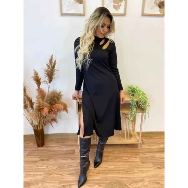 Kadın Uzun Kollu Balıkçı Yaka Omuzda Damla Detaylı Yırtmaçlı Krep Midi Elbise