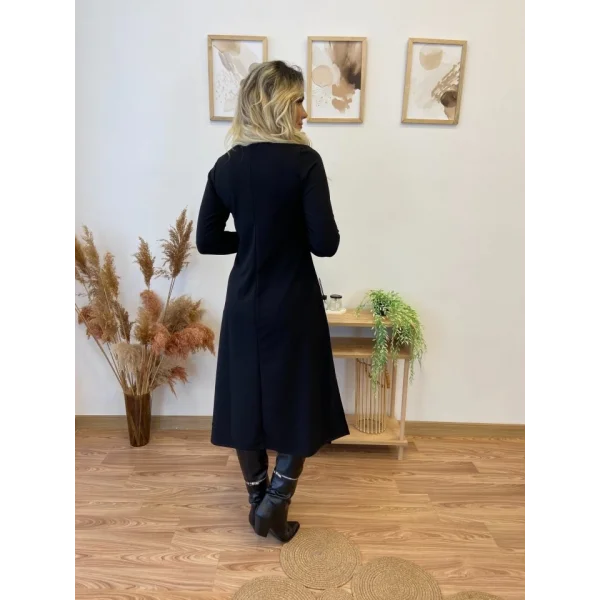 Kadın Uzun Kollu Balıkçı Yaka Omuzda Damla Detaylı Yırtmaçlı Krep Midi Elbise