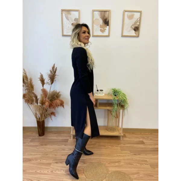 Kadın Uzun Kollu Balıkçı Yaka Omuzda Damla Detaylı Yırtmaçlı Krep Midi Elbise