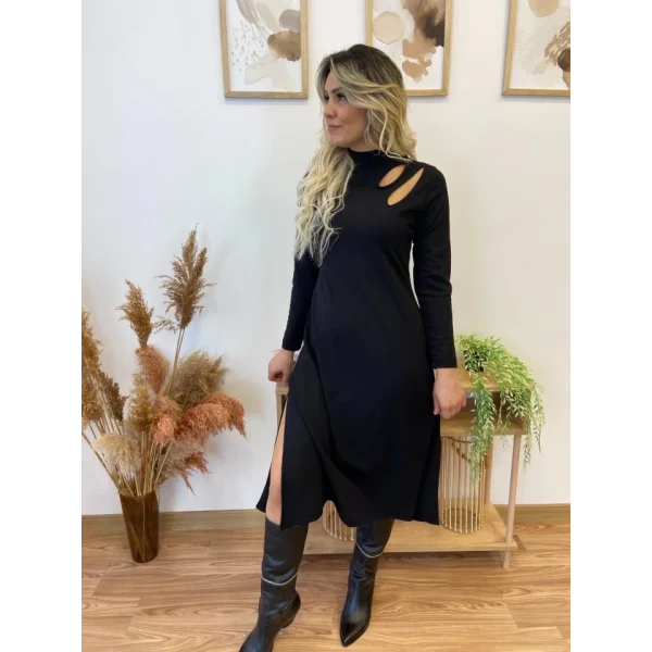 Kadın Uzun Kollu Balıkçı Yaka Omuzda Damla Detaylı Yırtmaçlı Krep Midi Elbise