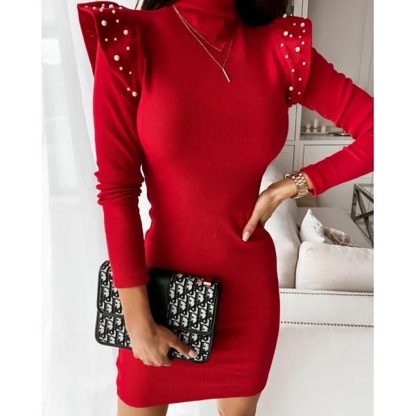 Kadın Uzun Kollu Balıkçı Yaka Omuzlarda Pile Inci Detay Kaşkorse Elbise