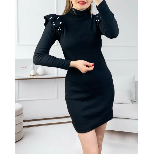 Kadın Uzun Kollu Balıkçı Yaka Omuzlarda Pile Inci Detay Kaşkorse Elbise