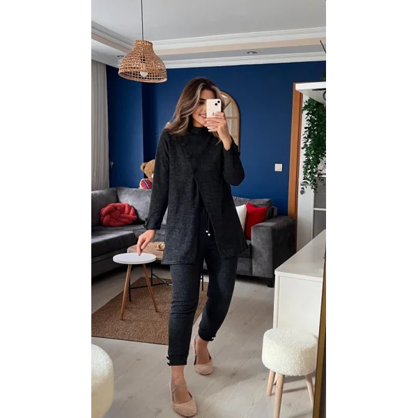 Kadın Uzun Kollu Balıkçı Yaka önden Düğmeli Bluz Ve Pantolon Yumoş Ikili Takım