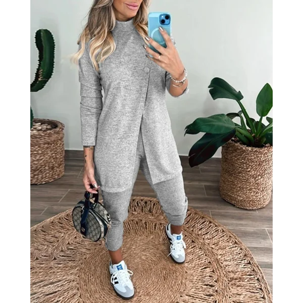 Kadın Uzun Kollu Balıkçı Yaka önden Düğmeli Bluz Ve Pantolon Yumoş Ikili Takım