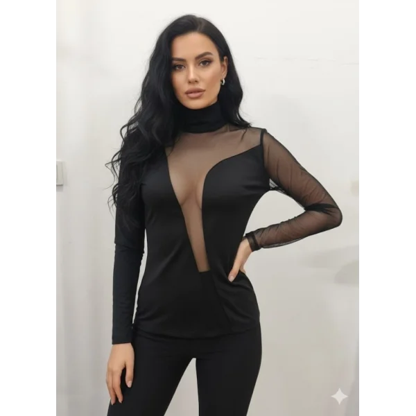 Kadın Uzun Kollu Balıkçı Yaka önü Asimetrik Transparan Detay Bluz