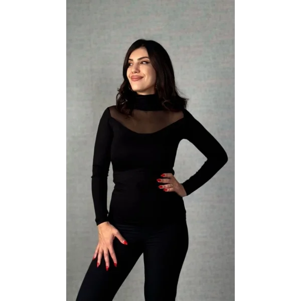 Kadın Uzun Kollu Balıkçı Yaka önü Tül Detay Kaşkorse Kumaş Bluz