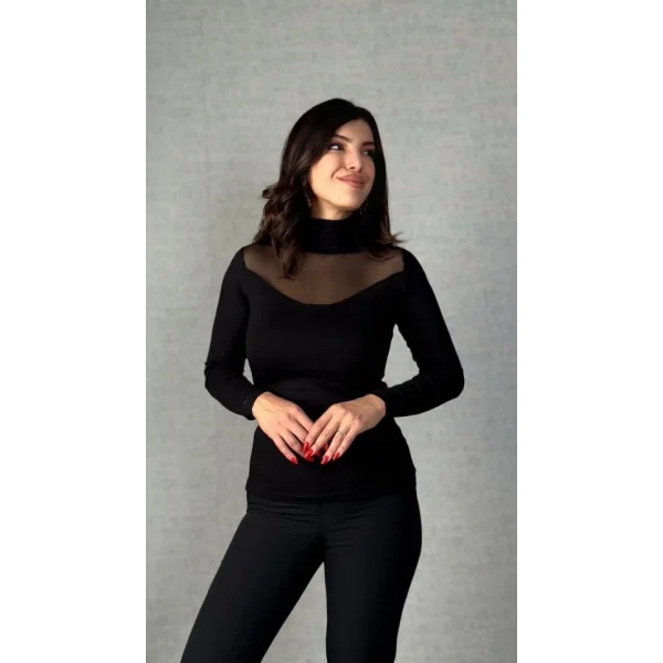 Kadın Uzun Kollu Balıkçı Yaka önü Tül Detay Kaşkorse Kumaş Bluz