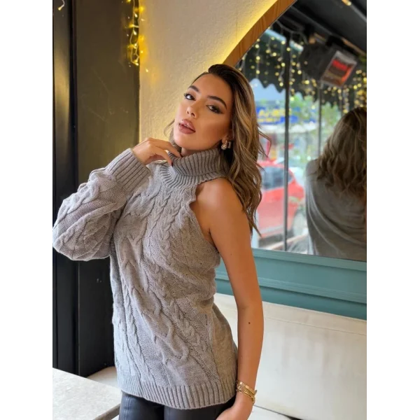 Kadın Uzun Kollu Balıkçı Yaka örgü Detay Tek Kol Triko Kazak